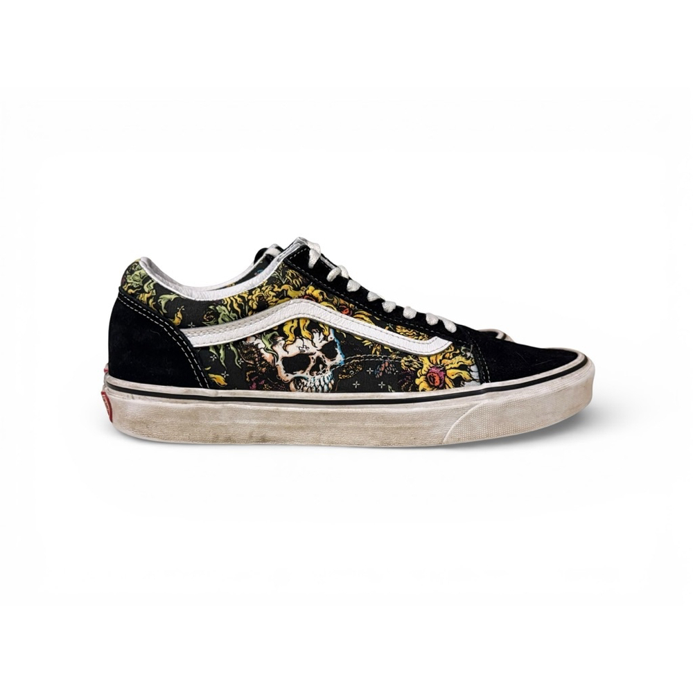 Vans Old Skool Skull Floral Print Black Suede Men's 10.5 Women's 12